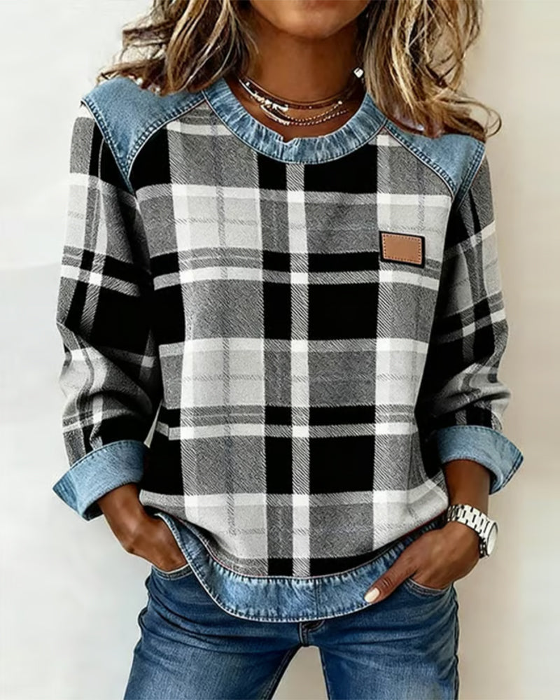 Stutz I Damen Freizeit Rundhals Denim Patchwork Pullover Sweatshirt