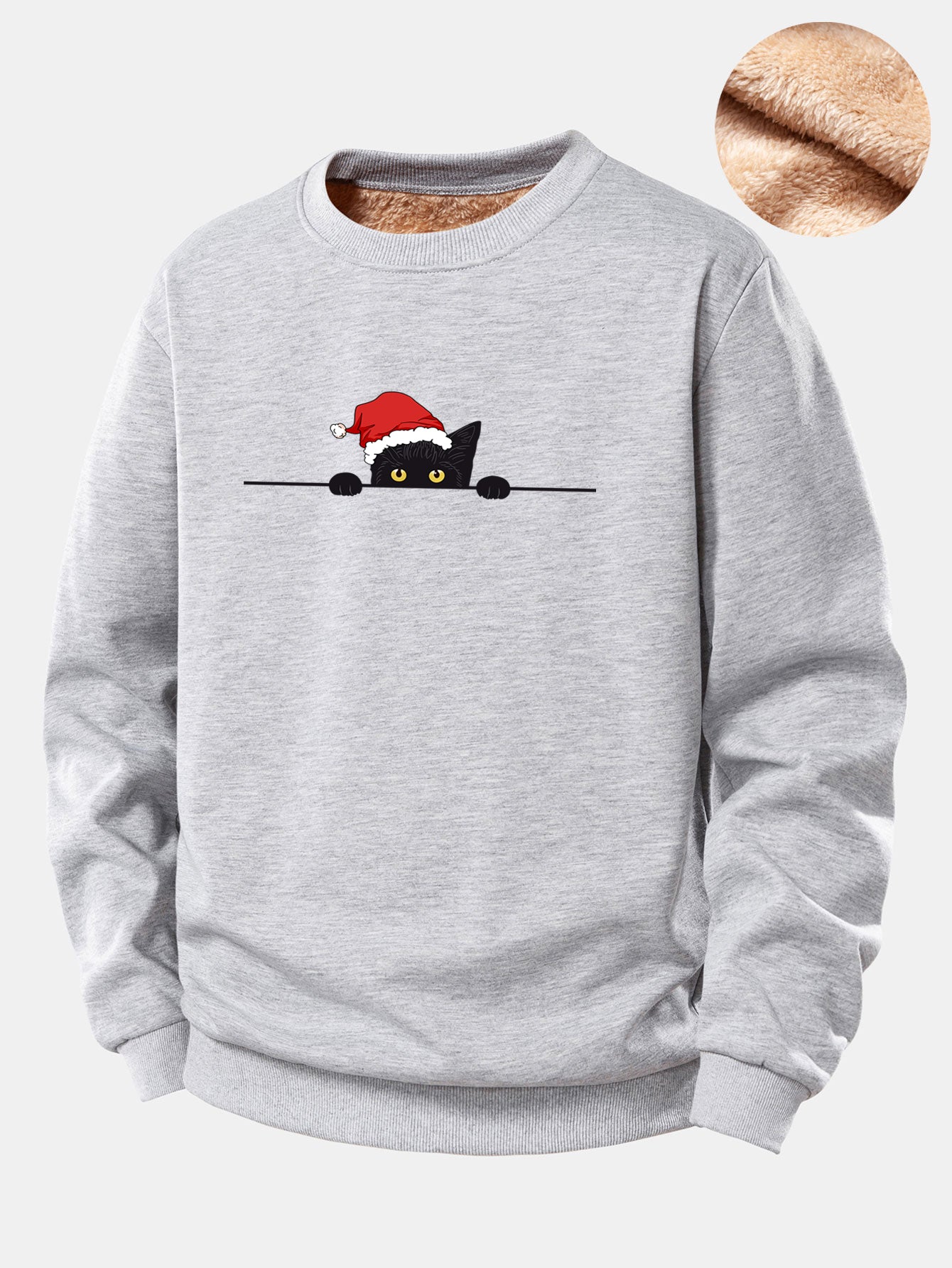 Weihnachts-Sweatshirt mit schwarzem Katzenmotiv und Teddy-Fleece-Futter