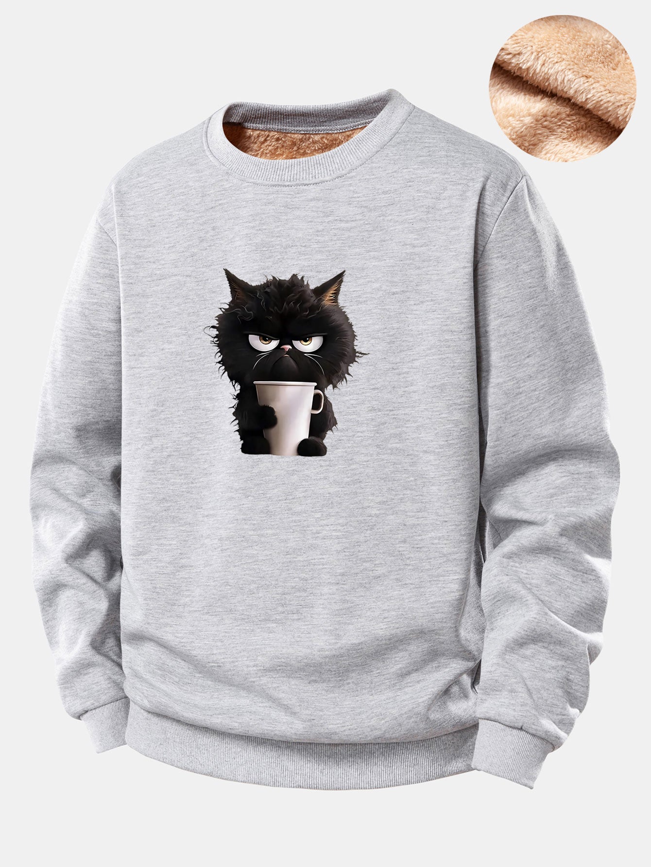Schwarzes Katzen-Trink-Kaffee-Motiv Teddy-Fleece-gefüttertes Sweatshirt