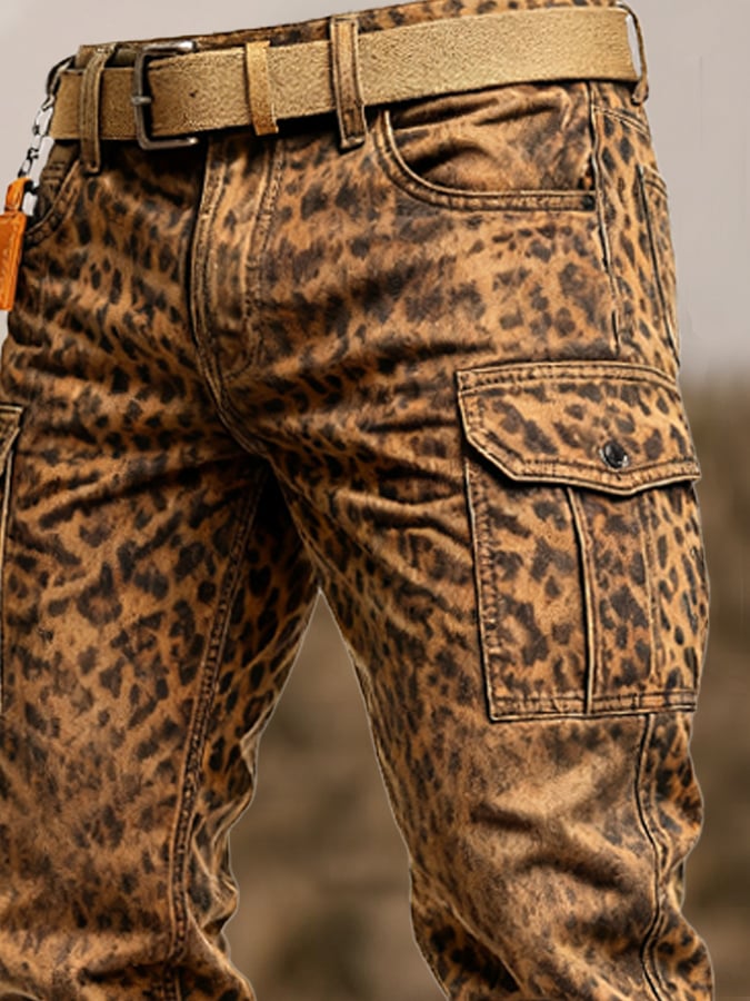 Herren-Overall mit Leopardenmuster und mehreren Taschen im Vintage-Stil für den Außenbereich