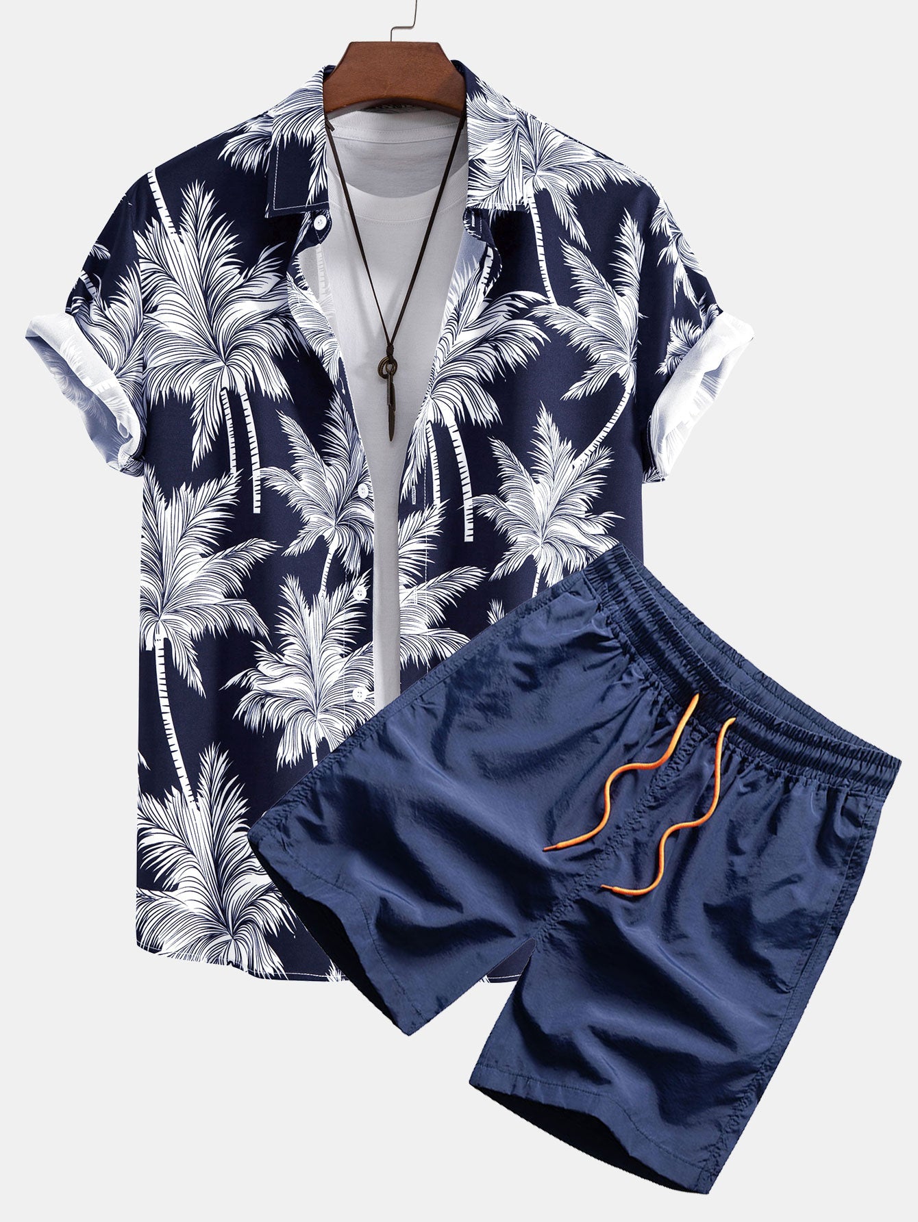 Button-Up Shirt with Palm Tree Print & Swim Shorts