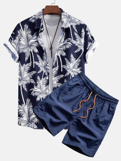 Button-Up Shirt with Palm Tree Print & Swim Shorts