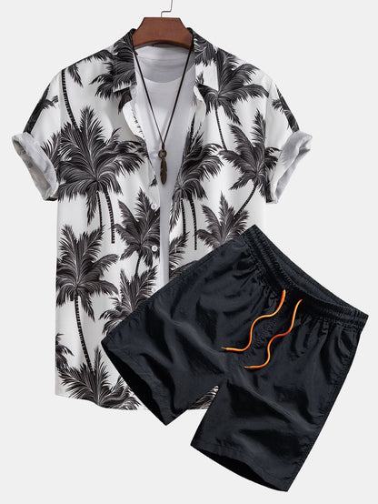 Button-Up Shirt with Palm Tree Print & Swim Shorts