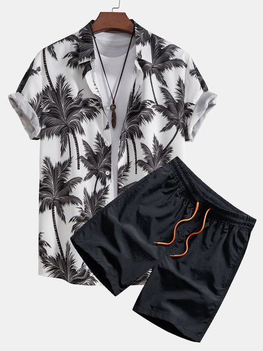 Button-Up Shirt with Palm Tree Print & Swim Shorts