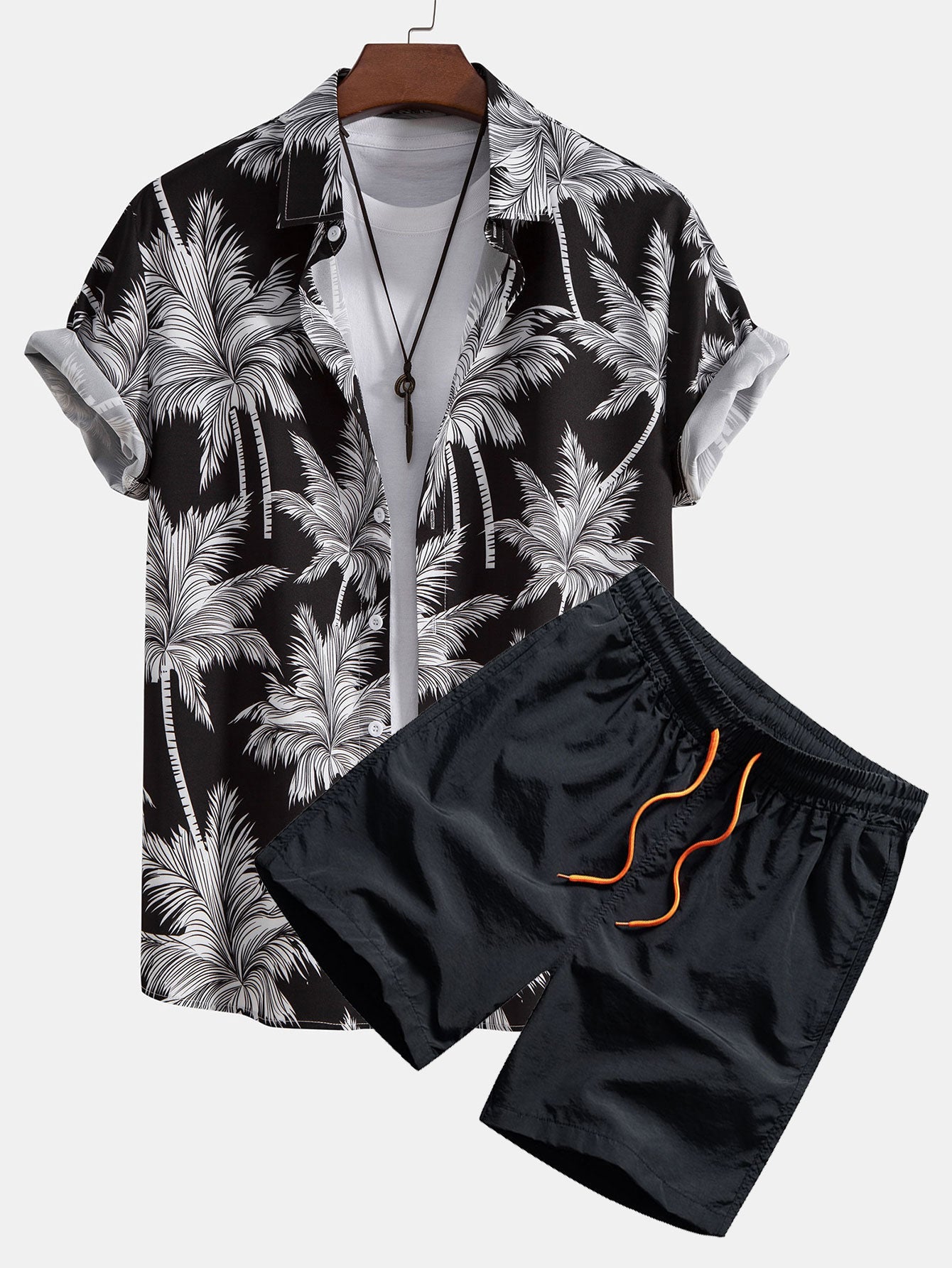Button-Up Shirt with Palm Tree Print & Swim Shorts