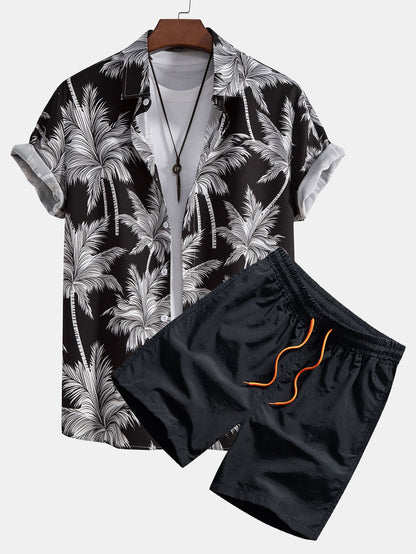 Button-Up Shirt with Palm Tree Print & Swim Shorts