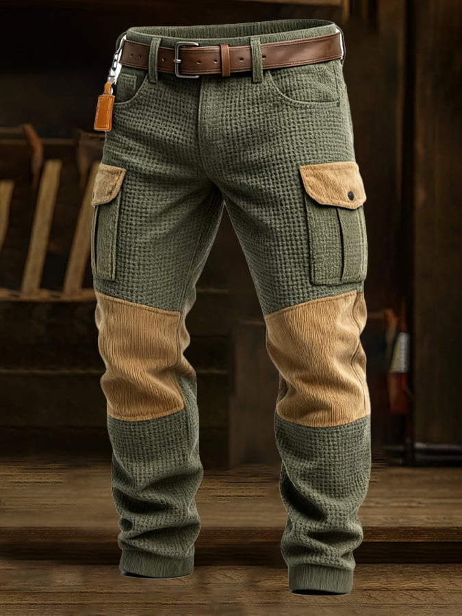 Herren Retro Outdoor Adventure Waffel Cord Nähte Multifunktionale Tasche Arbeitshose