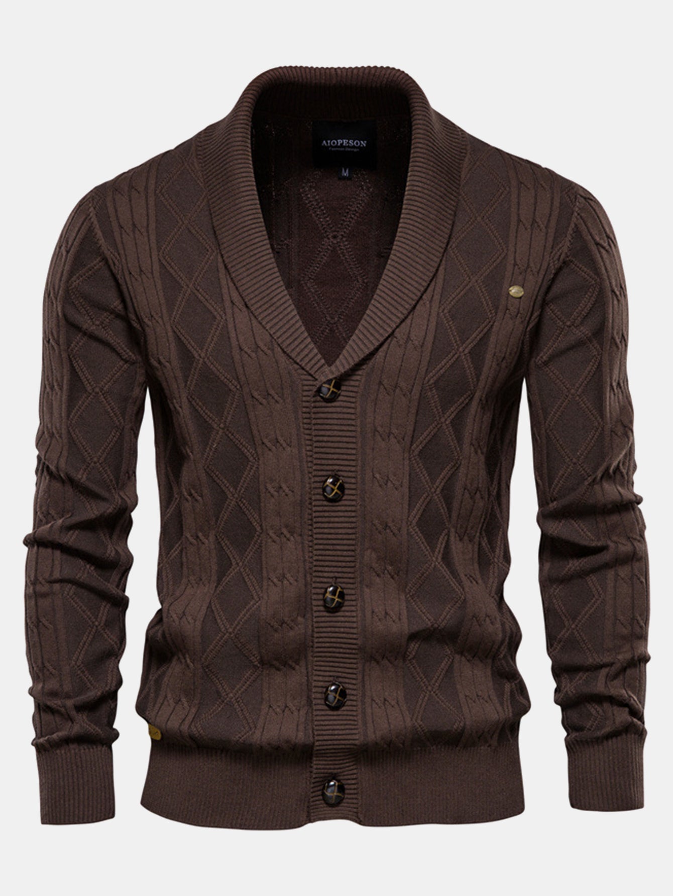 Geometrische Jacquard-Strickjacke mit Schalkragen