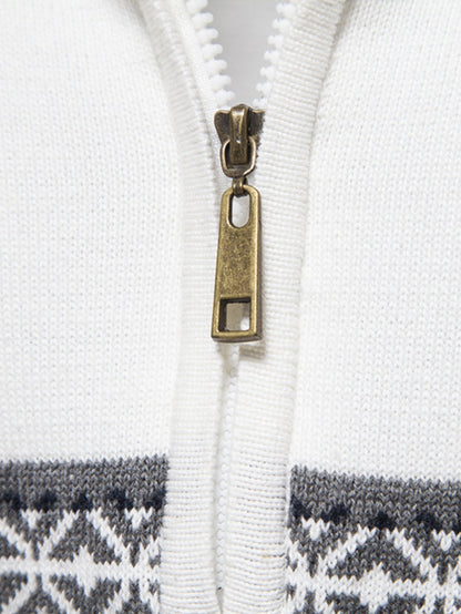 Geometrischer Jacquard Pullover mit Kontrast und Viertel-Reißverschluss