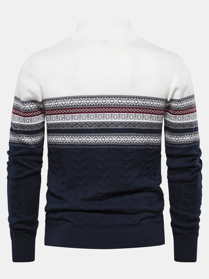 Geometrischer Jacquard Pullover mit Kontrast und Viertel-Reißverschluss