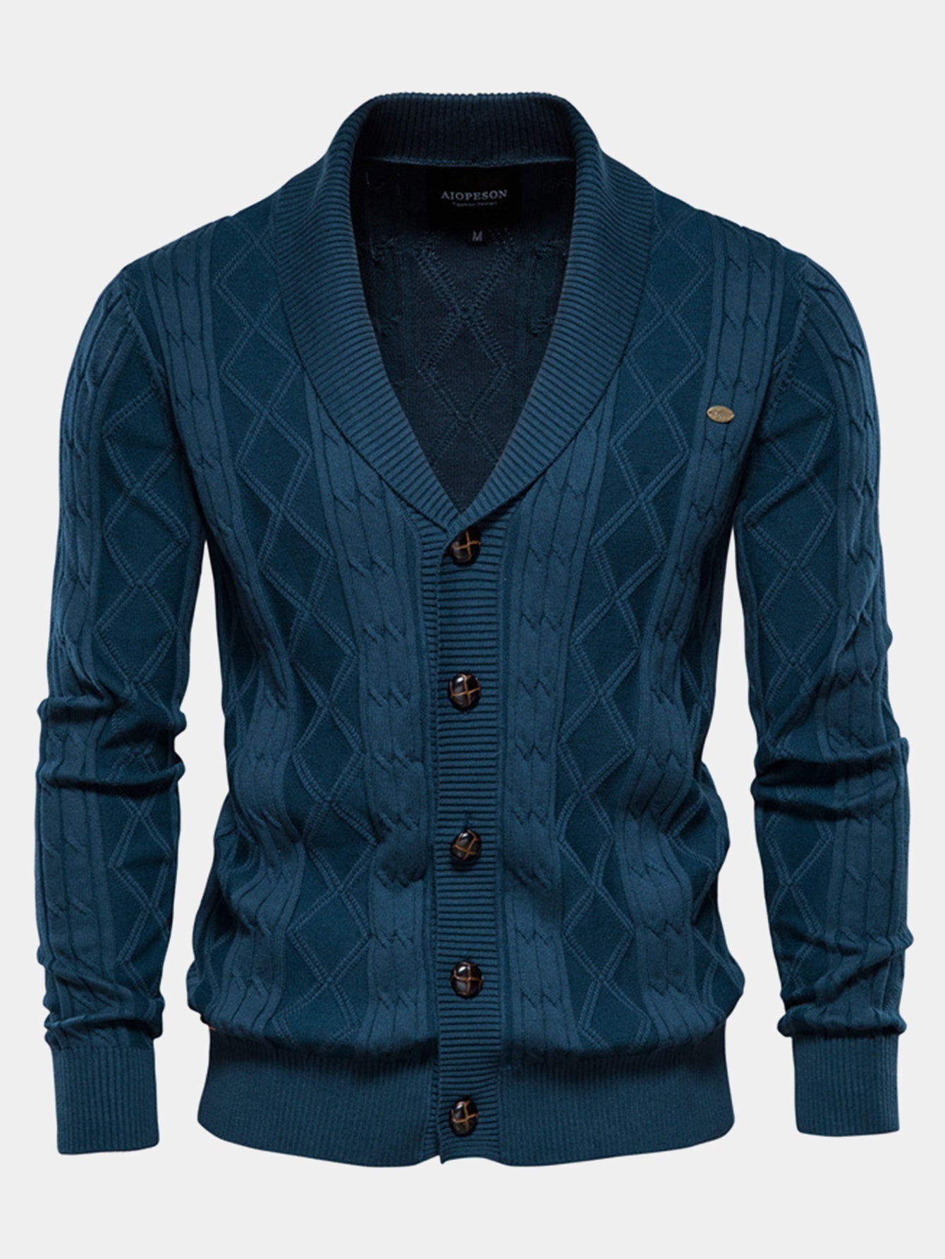 Geometrische Jacquard-Strickjacke mit Schalkragen