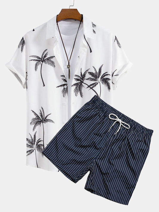 Button-Up Shirt with Palm Tree Print & Striped Swim Trunks