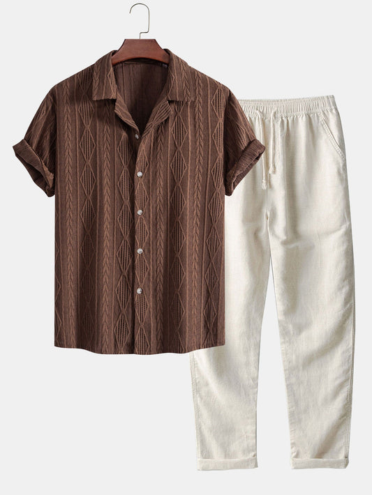 Geometrisches Jacquard-Cuban-Shirt mit gerader Leinenhose