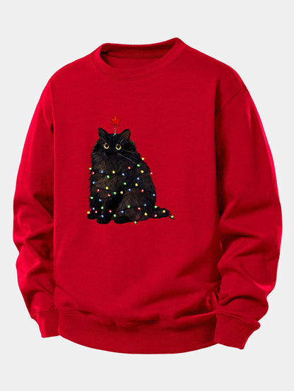 Schwarze Katze Druck Sweatshirt mit Weihnachtslichtern - Lockerer Sitz