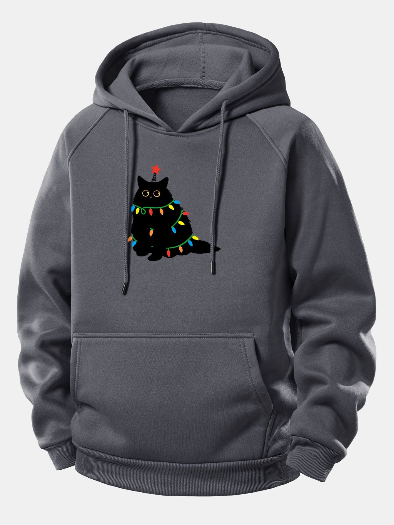 Schwarze Katze Weihnachtslichter Kordelzug Kapuzenpullover