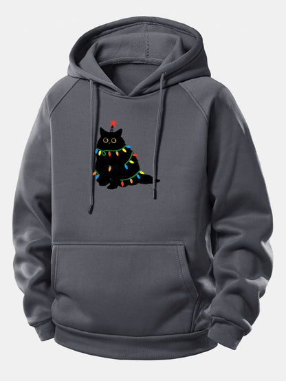 Schwarze Katze Weihnachtslichter Kordelzug Kapuzenpullover