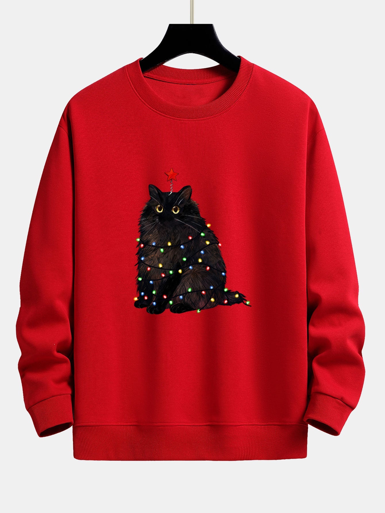 Weihnachtslichter Schwarze Katze Druck Locker sitzendes Sweatshirt