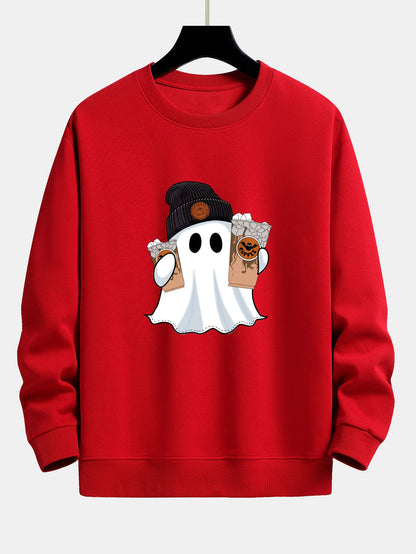 Halloween Ghost Coffee Print Relaxed Fit Sweatshirt