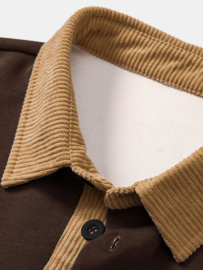 Relaxed Fit Contrast Corduroy Polo Shirt with Collar & Straight Leg Corduroy Pants