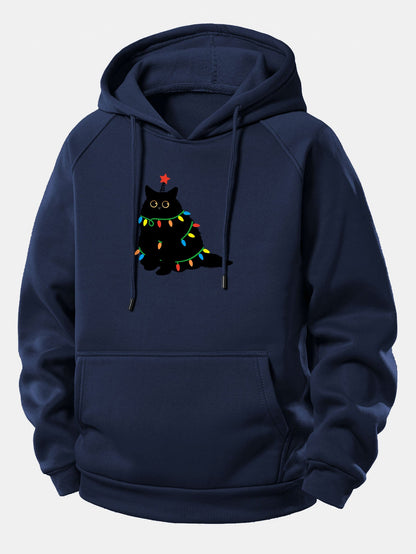 Schwarze Katze Weihnachtslichter Kordelzug Kapuzenpullover