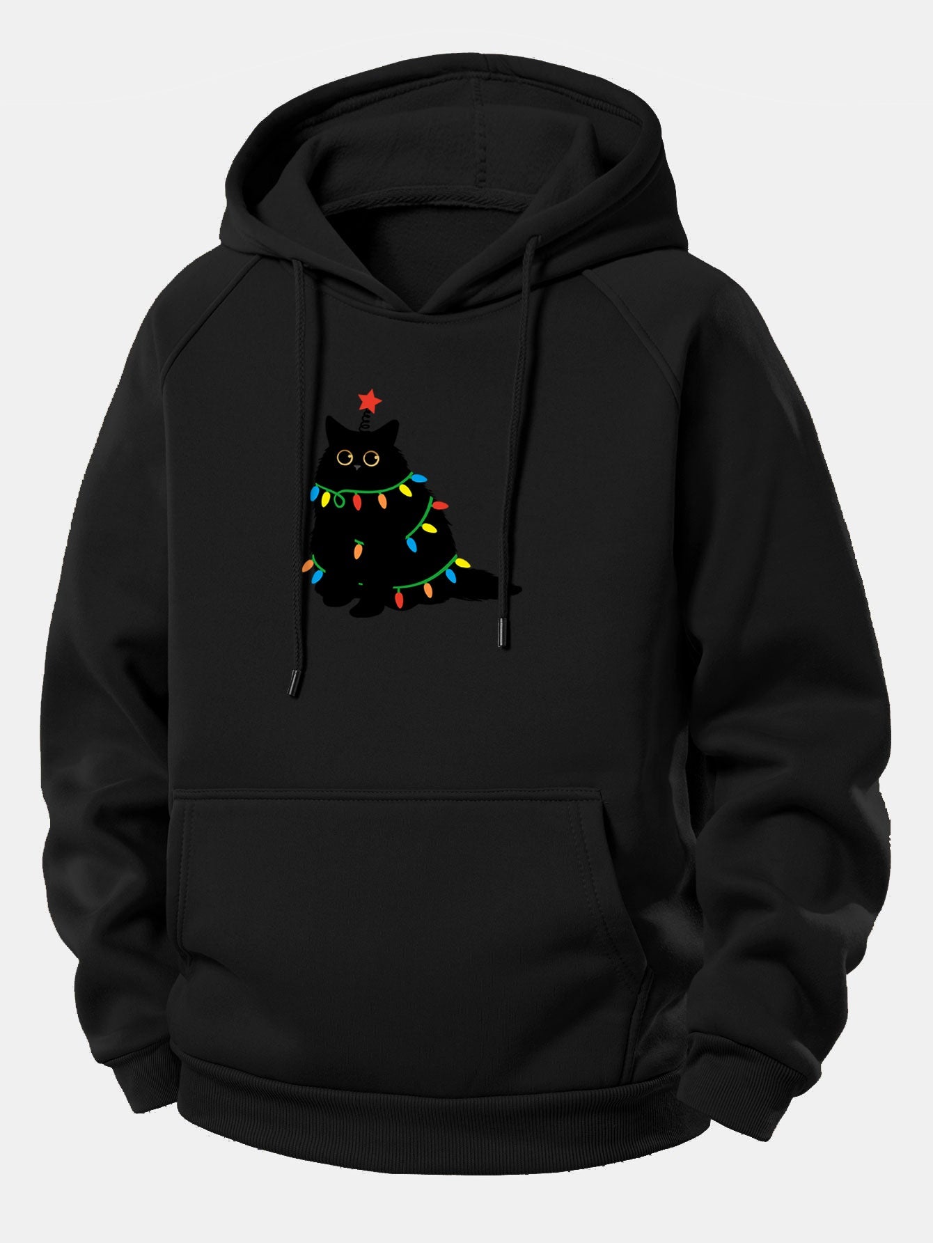 Schwarze Katze Weihnachtslichter Kordelzug Kapuzenpullover