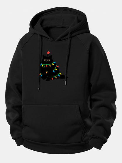 Schwarze Katze Weihnachtslichter Kordelzug Kapuzenpullover