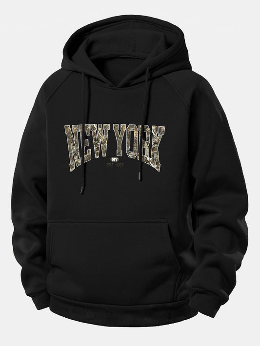 Camouflage New York Print Hoodie with Drawstring