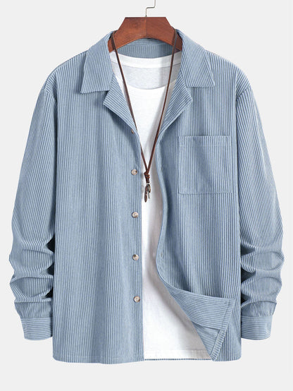 "Langarm-Cordhemd mit kubanischem Kragen" could be rewritten as "Kubanisch gekragenes Langarm-Cordhemd".