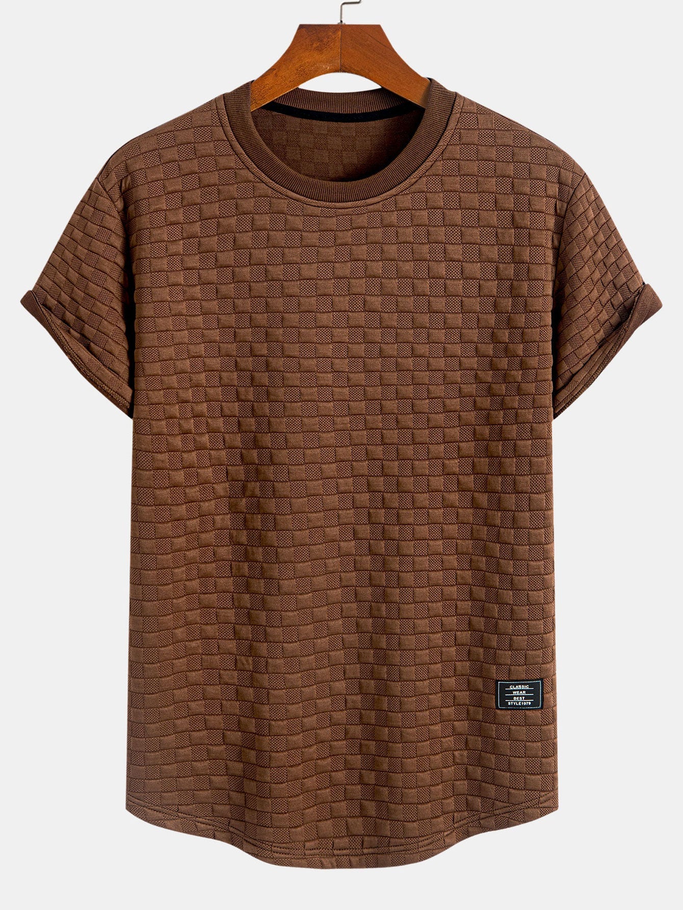 Jacquard T-Shirt mit Schachbrettmuster und Bogen-Saum