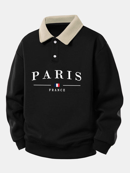 Relaxed Fit Paris France Graphic Contrast Polo Sweatshirt