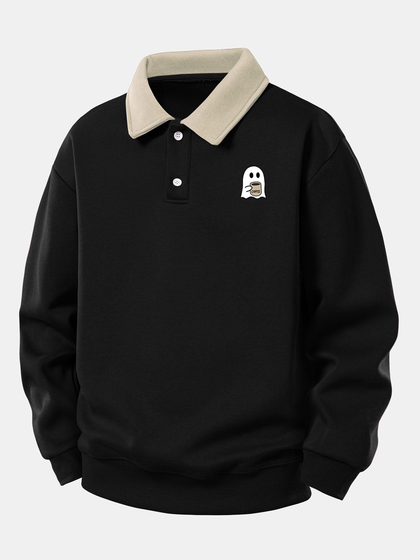 Relaxed Fit Ghost Coffee Print Contrast Polo Sweatshirt