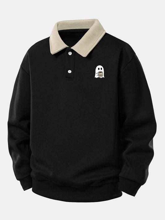 Relaxed Fit Ghost Coffee Print Contrast Polo Sweatshirt
