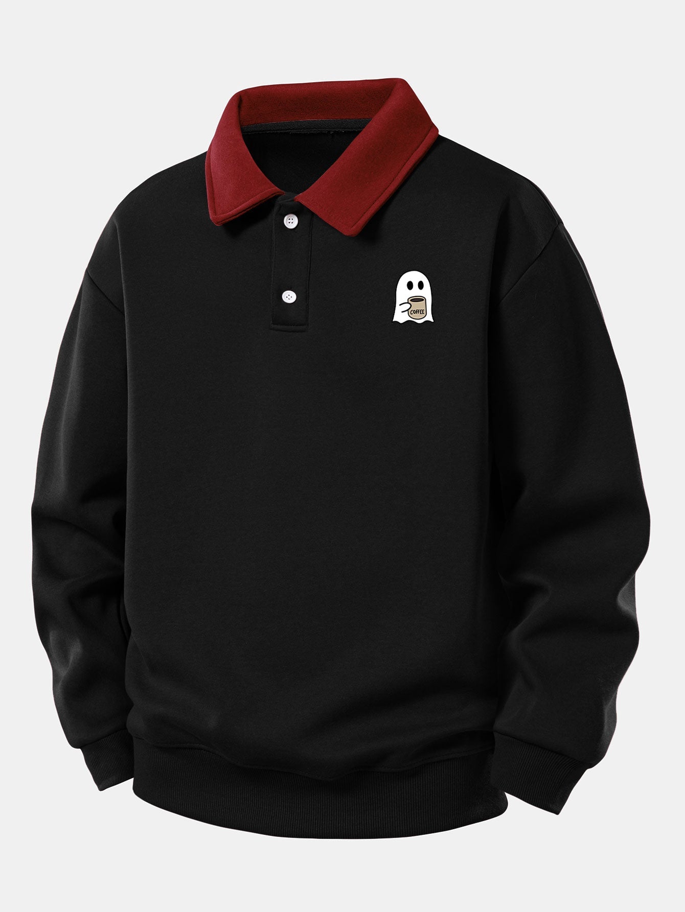 Relaxed Fit Ghost Coffee Print Contrast Polo Sweatshirt
