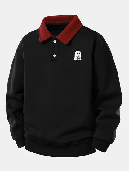 Relaxed Fit Ghost Coffee Print Contrast Polo Sweatshirt