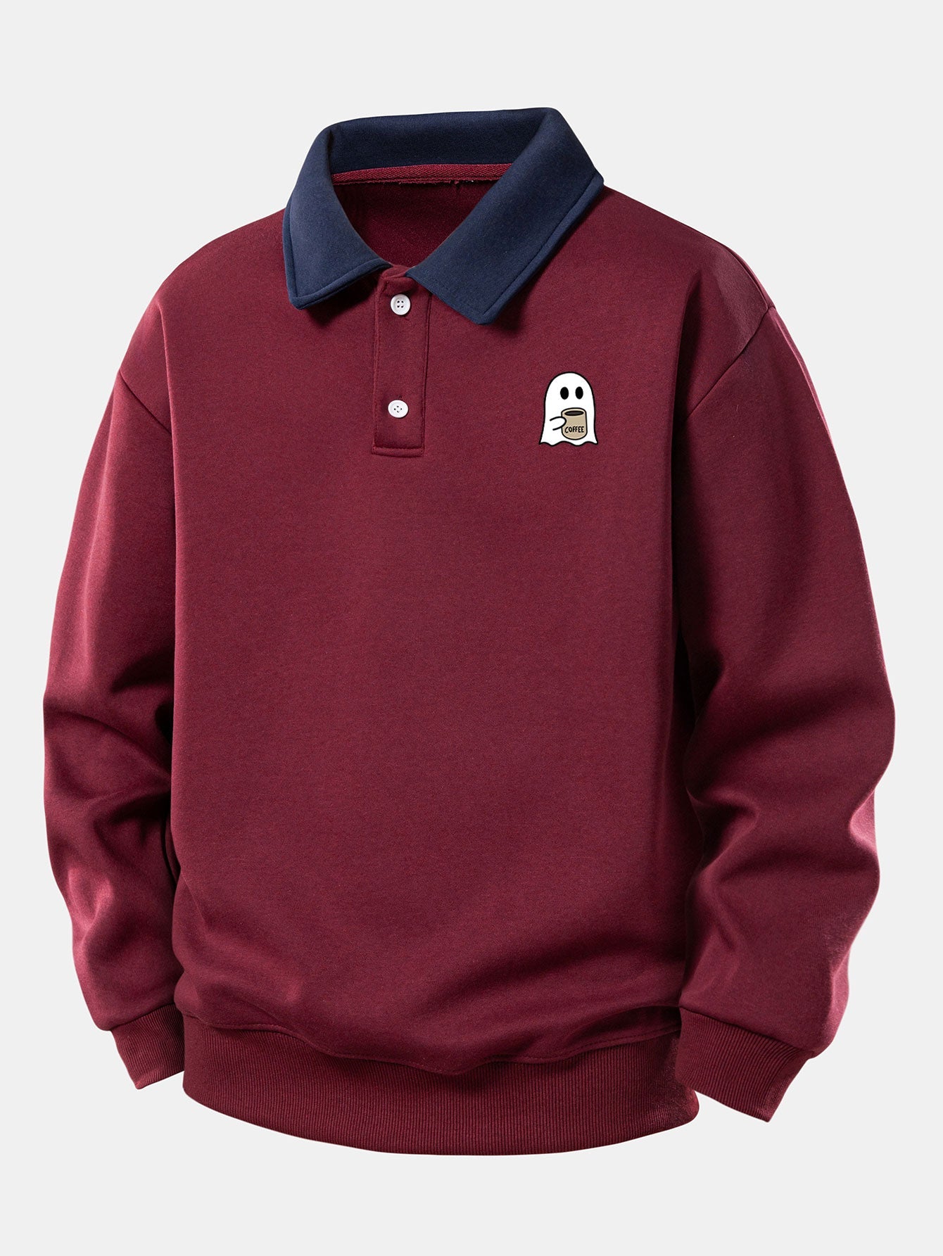 Relaxed Fit Ghost Coffee Print Contrast Polo Sweatshirt