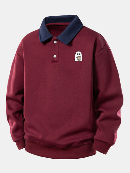 Relaxed Fit Ghost Coffee Print Contrast Polo Sweatshirt
