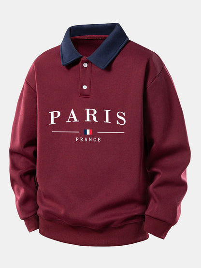 Relaxed Fit Paris France Graphic Contrast Polo Sweatshirt