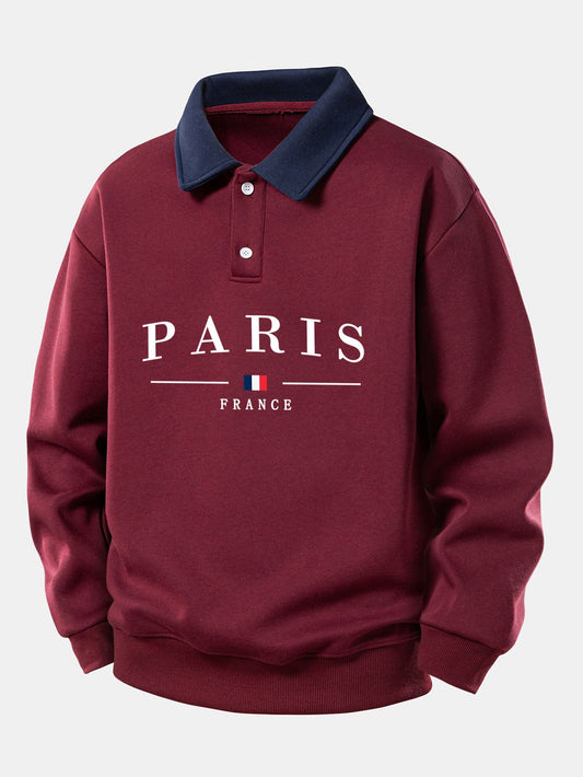 Relaxed Fit Paris France Graphic Contrast Polo Sweatshirt