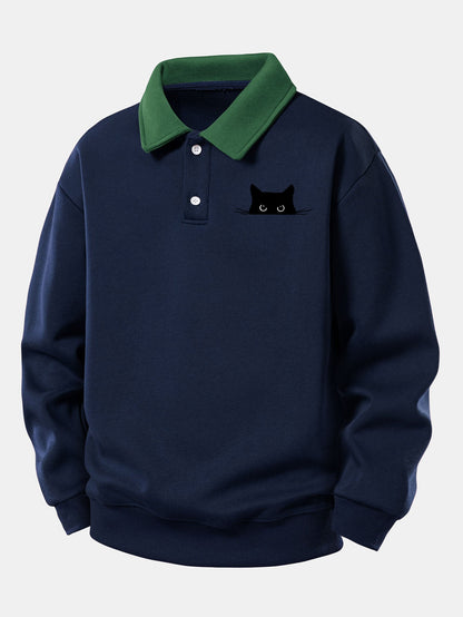 Relaxed Fit Schwarzes Katzenmotiv Kontrast Poloshirts Sweatshirt