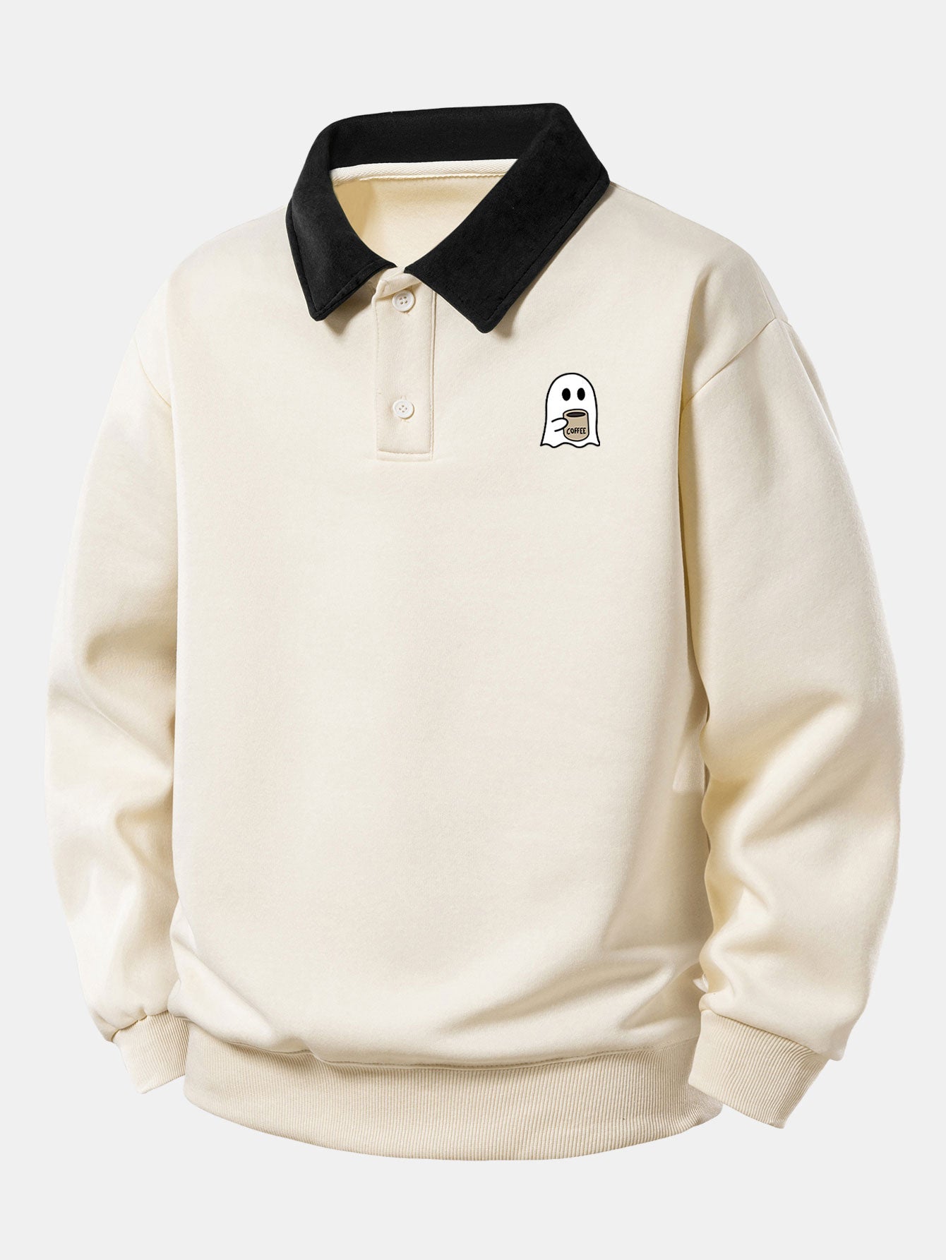 Relaxed Fit Ghost Coffee Print Contrast Polo Sweatshirt
