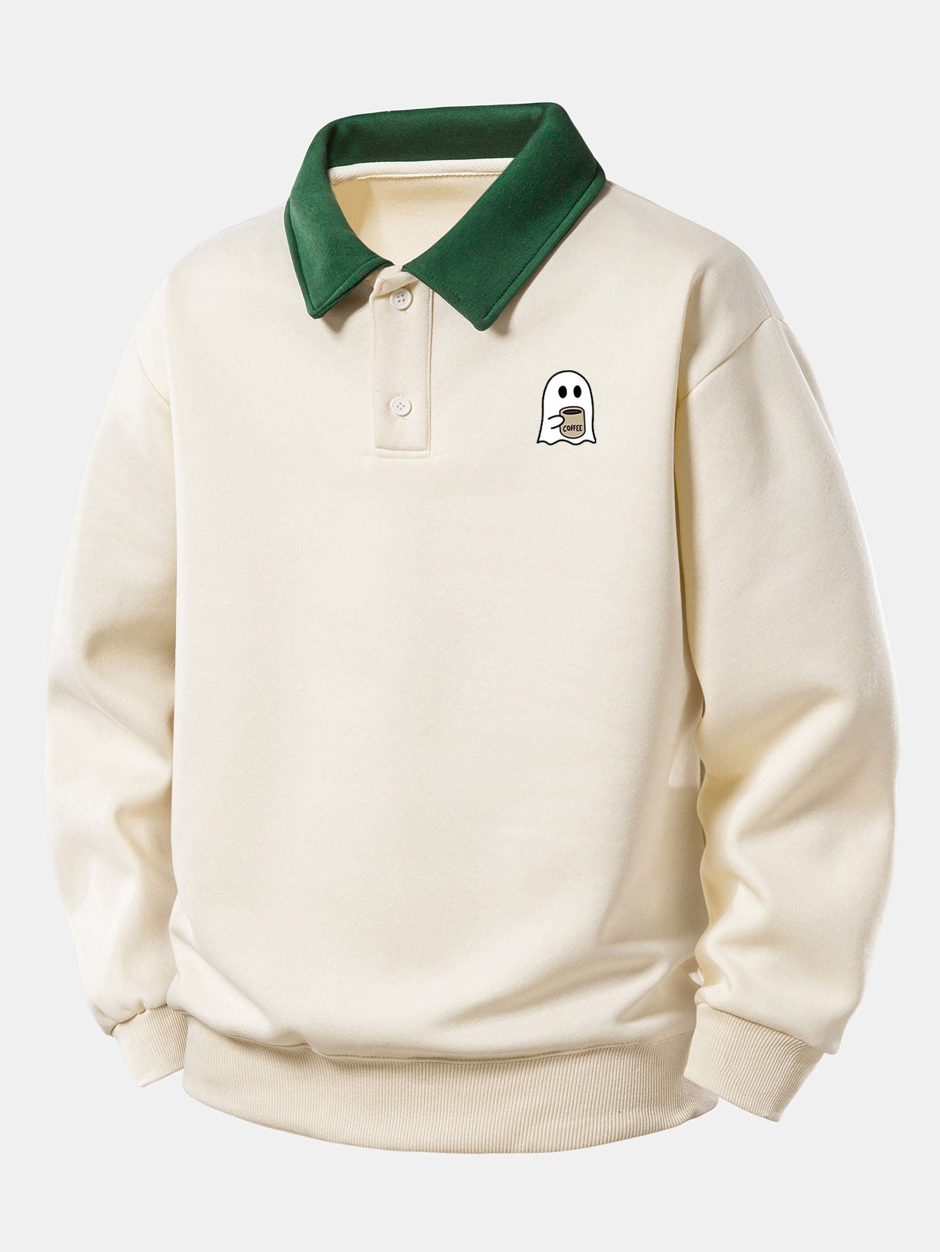 Relaxed Fit Ghost Coffee Print Contrast Polo Sweatshirt