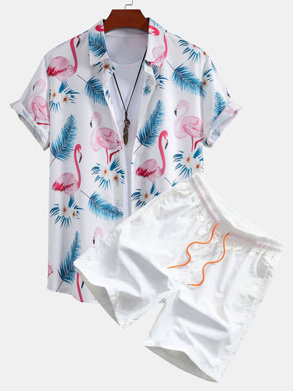 Flamingo-Print Hemd mit Knöpfen und Badehose