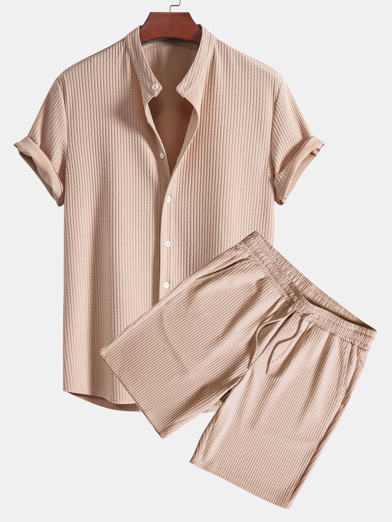 Muscle Fit Ribbed Collar Shirt & Shorts Set