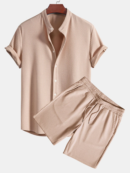 Muscle Fit Ribbed Collar Shirt & Shorts Set