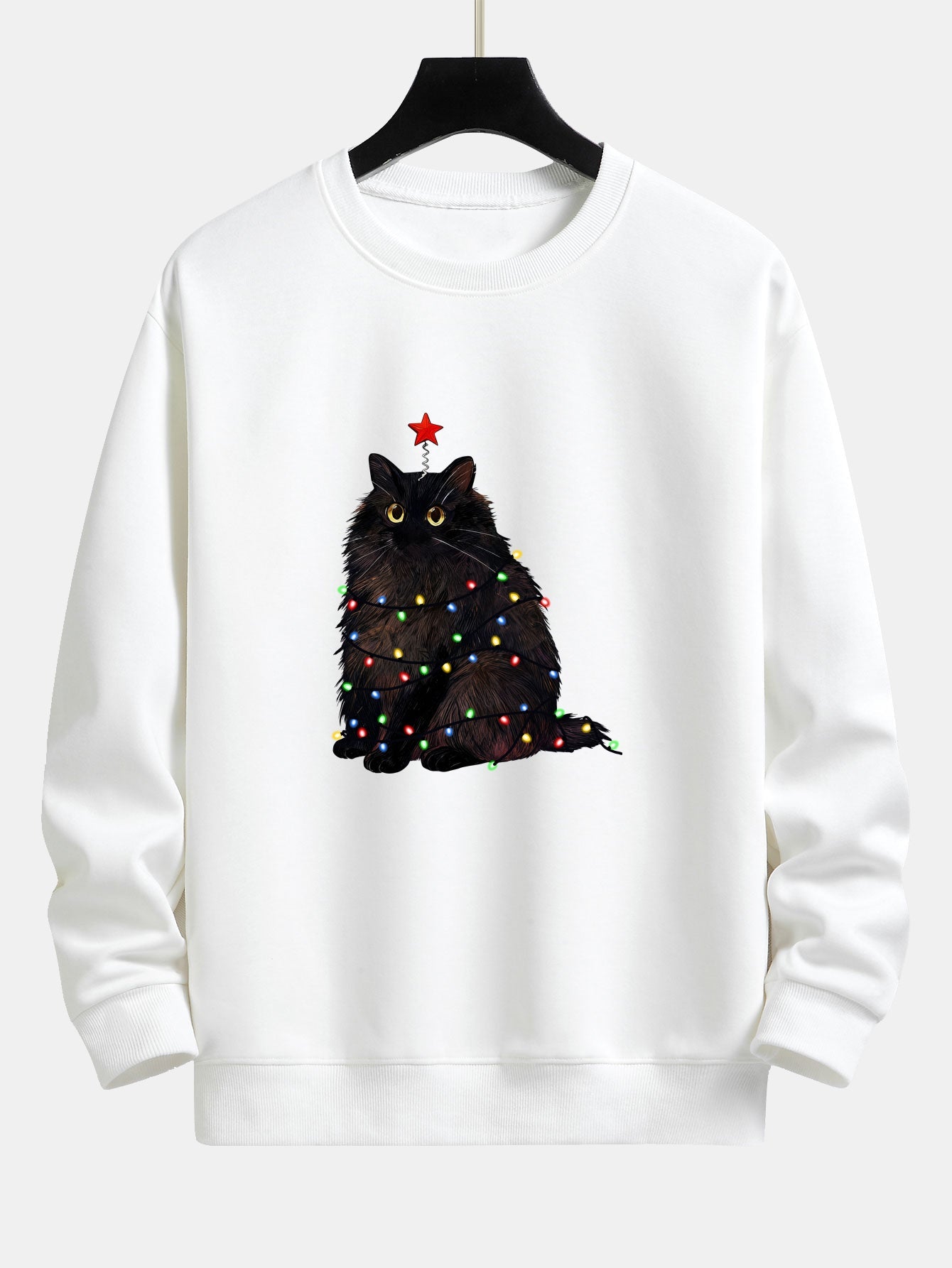 Schwarze Katze Weihnachtslichter Druck Sweatshirt mit lockerem Sitz