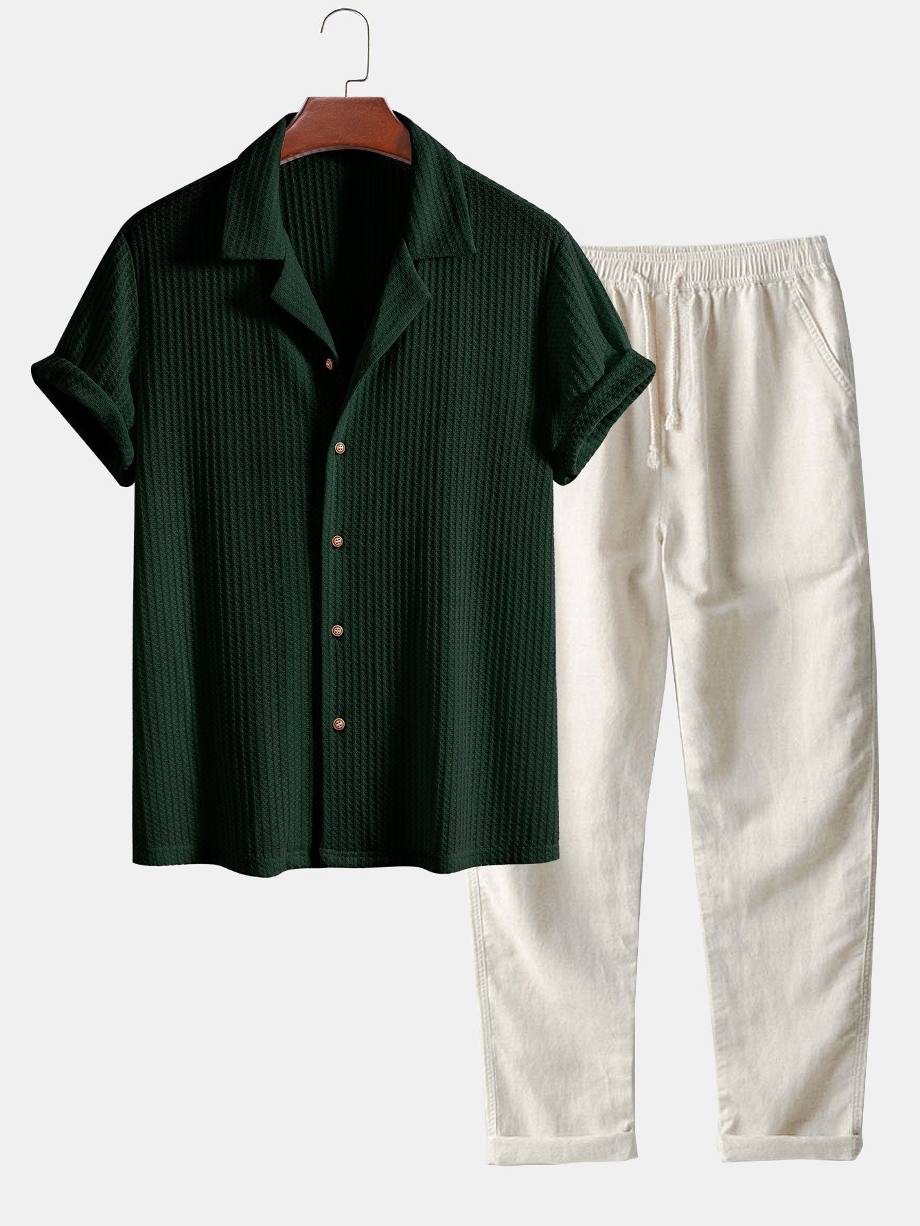 Short Sleeve Knit Waffle Cuban Shirt & Straight Leg Linen Pants