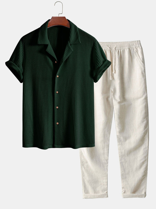 Short Sleeve Knit Waffle Cuban Shirt & Straight Leg Linen Pants