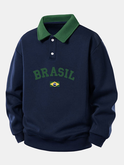 Relaxed Fit Brazil Print Contrast Polo Sweatshirt