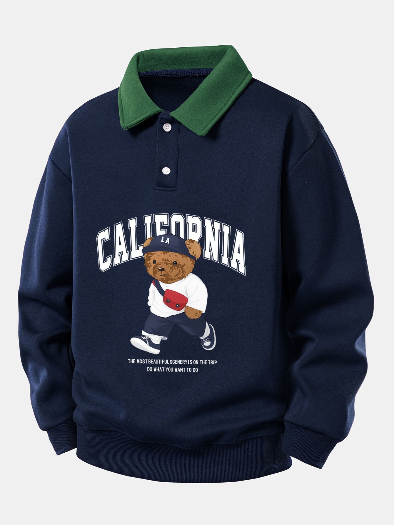 California Style Relaxed Fit Bear Print Contrast Polo Sweatshirt
