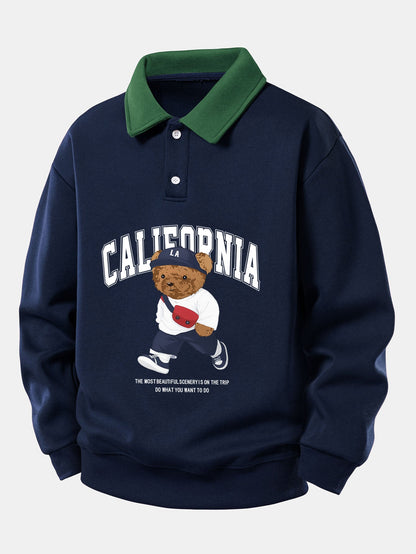 California Style Relaxed Fit Bear Print Contrast Polo Sweatshirt